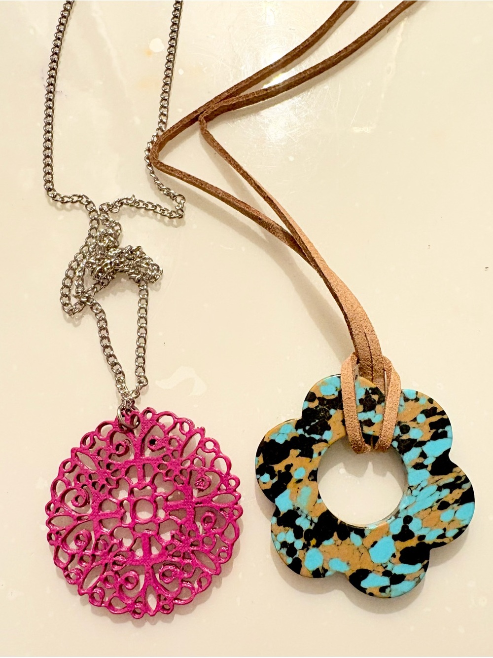 paparazzi Pink Filigree Pendant & Turquoise Speckled Flower Necklace Set 4pc